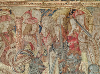 Das Turnier, vertikaler Webstuhl-Wandteppich aus der Brüsseler Werkstatt, Detail der Tribüne mit Karl VII. (1470-98) und Anne von Bretagne (1477-1514) ca. 1497 von Flemish School